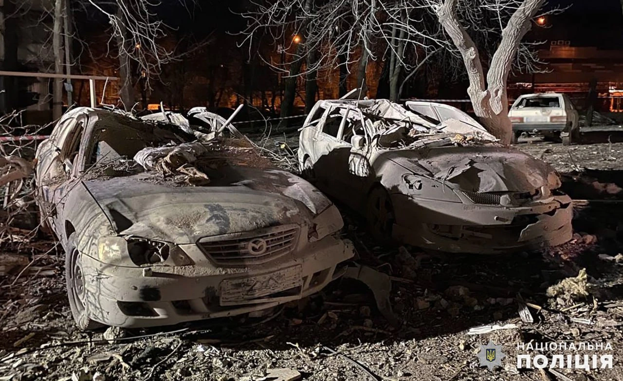 Cars on the parking line destroyed after russian war crime in Zaporizhzhya