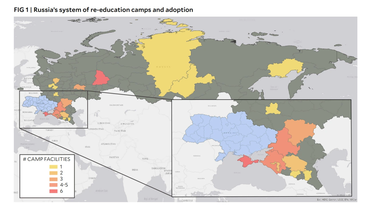 Russian reeducation camps geography for Ukrainian kids - map from the Yale & Conflict Observatory research